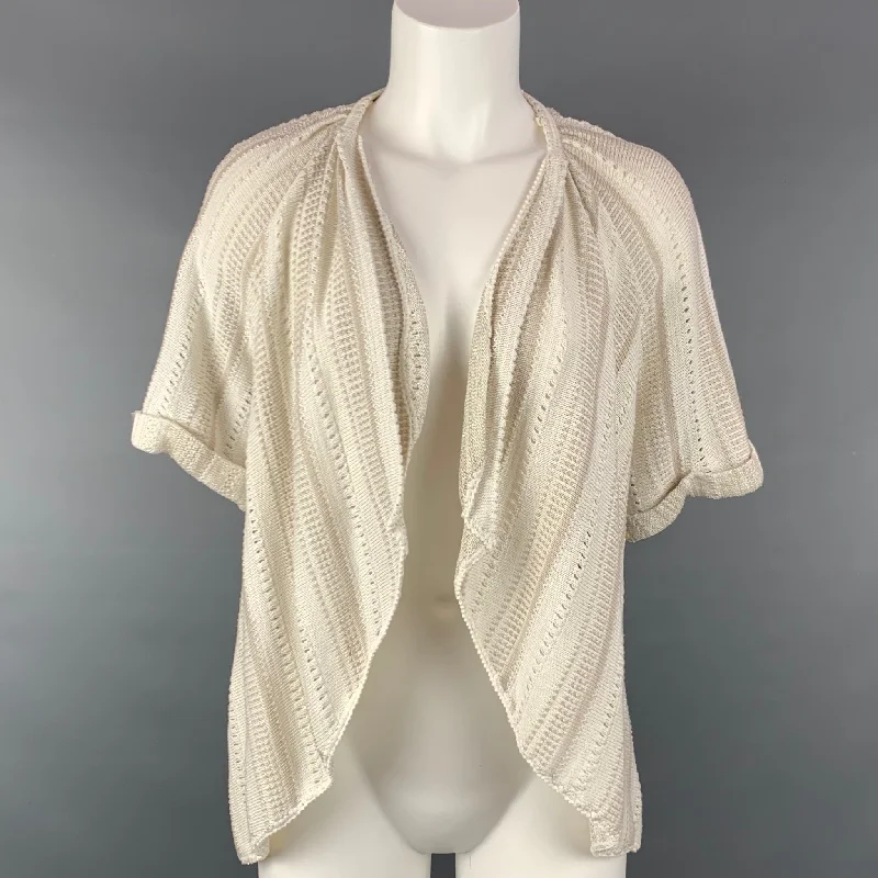 ELIE TAHARI Size XS Beige & Silver Cotton Blend Cardigan Glossy Satin Silk