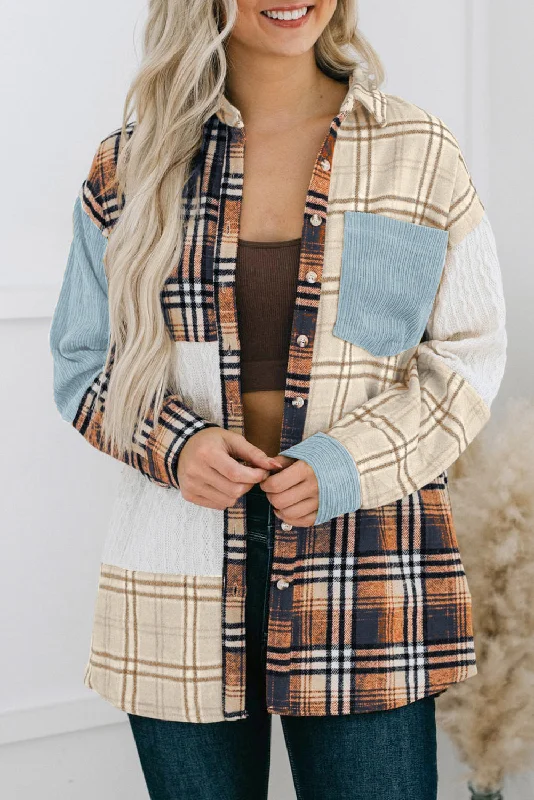 Blue Plaid Color Block Patchwork Shirt Jacket with Pocket Insulated Jacket Fitted Jacket Loose Jacket