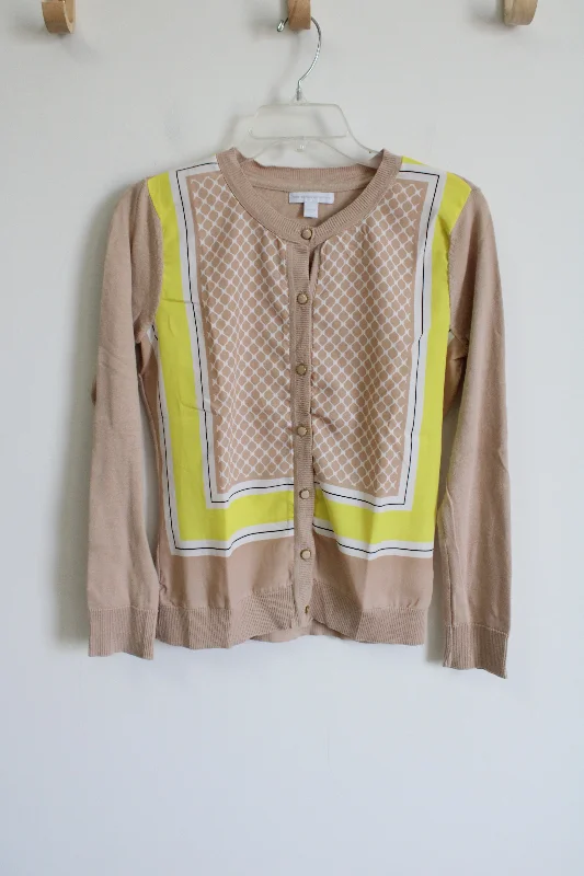New York & Co. Tan Yellow Patterned Cardigan | S Open Front Closed Front Wrap Front