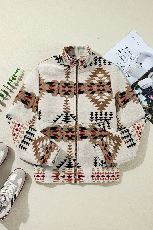 Aztec Printed Stand Neck Zip Up Jacket Mesh Jacket Canvas Jacket Denim Jacket