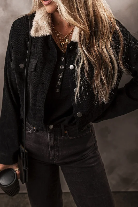 Fleece Lined Button-up Collared Corduroy Crop Jacket Elasticated Jacket Padded Jacket Insulated Jacket