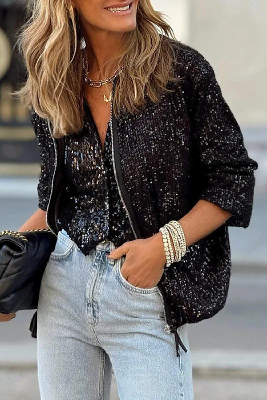 Sequin Zip up Round Neck Long Sleeve Jacket Denim Jacket Leather Jacket Suede Jacket