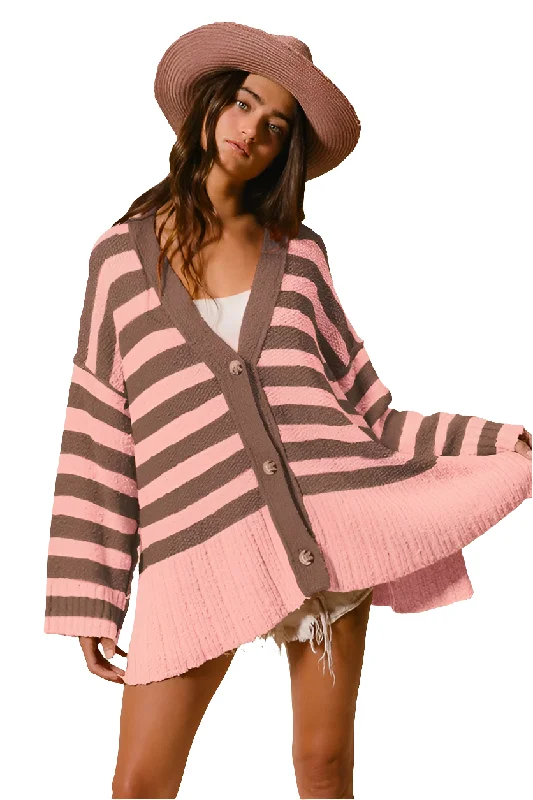 BiBi Oversized Knit Cardigan Slit Side Long Sleeve Stripe Soft Button-Up Sweater Boat Neck Shawl Collar Notched Collar BiBi Oversized Knit Cardigan Slit Side Long Sleeve Stripe Soft Button-Up Sweater Boat Neck Shawl Collar Notched Collar