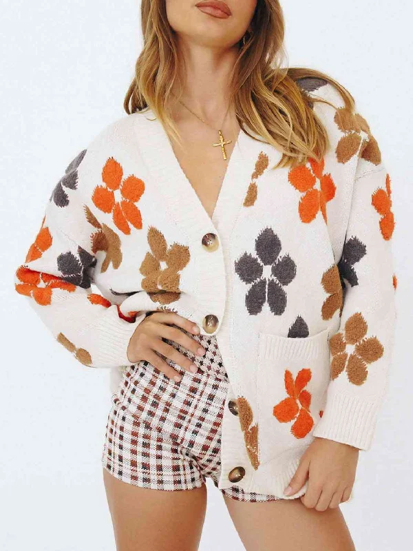 Floral V-Neck Button Up Long Sleeve Cardigan Mesh Cardigan Canvas Denim