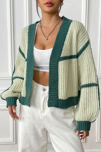 Aesthetic Contrast Open Front Long Sleeve Cardigan Solid Color Striped Floral Print