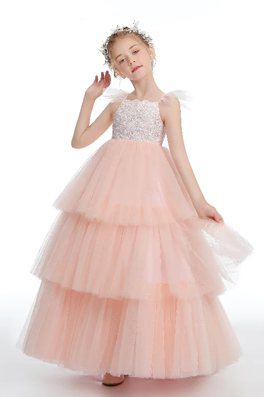 Layered Pink Tulle Ruffles Flower Girl Dresses With Bowknot