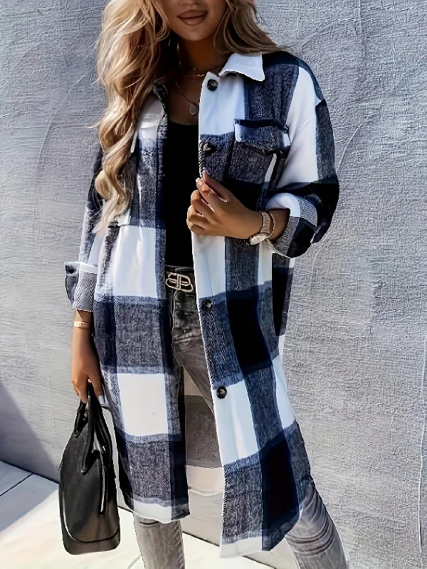 Black and White Plaid Long Jacket Zippered Front Buttoned Front Snap Front
