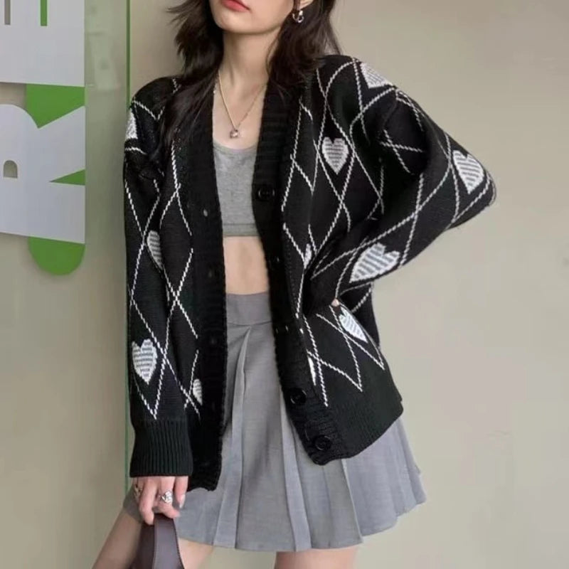 Heart Argyle Knit Sweater - Chic Long Sleeve Cardigan Mesh Cardigan Canvas Denim