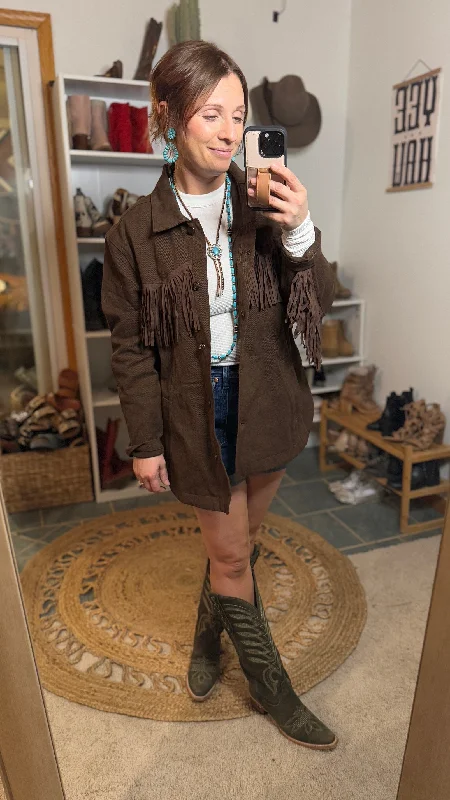 Tina Denim Fringe Jacket [Espresso] Fleece Jacket Down Jacket Feather Jacket