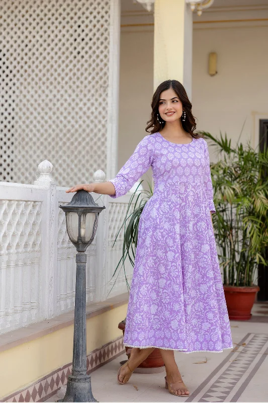 Women Purple Ethnic Printed Flared Dress - Rasiya
