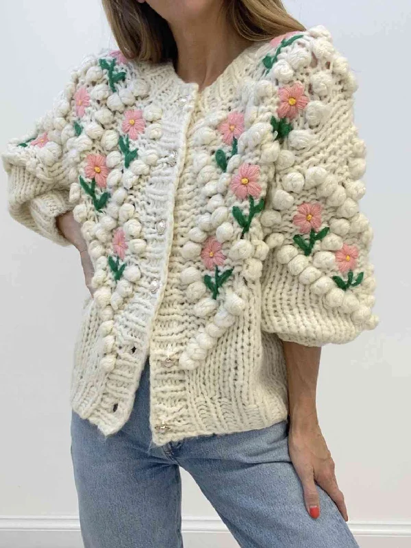 Floral Button Up Round Neck Long Sleeve Cardigan Silk Blend Satin Velvet