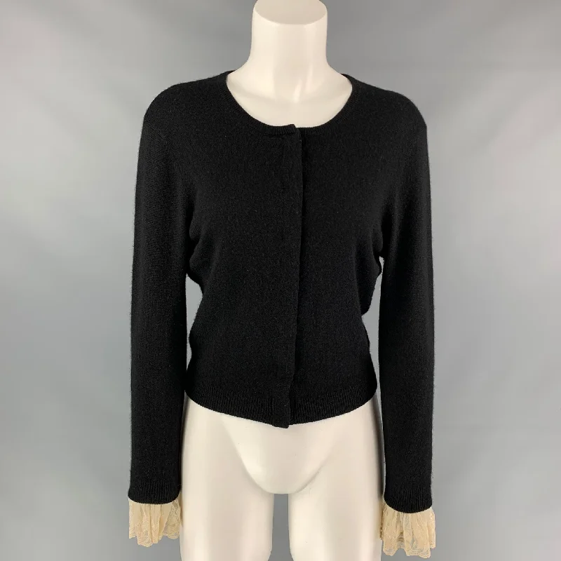 BEHNAZ SARAFPOUR Size M Black & Cream Silk / Cashmere Cardigan Terry Terry Cloth Terry Knit BEHNAZ SARAFPOUR Size M Black & Cream Silk / Cashmere Cardigan Terry Terry Cloth Terry Knit