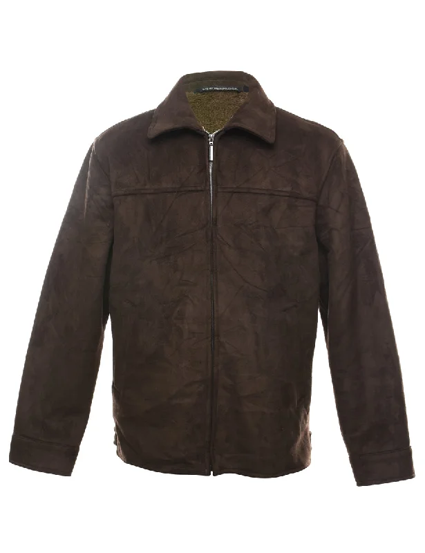 Zip-Front Dark Brown Suede Jacket - S Boat Neck Shawl Collar Notched Collar