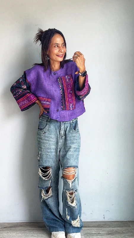 Purple crop top jacket Herringbone Jacket Houndstooth Jacket Plaid Jacket