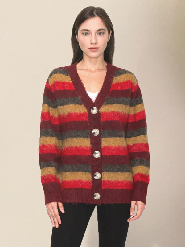 Bold Stripe Knit Fuzzy Wool Blend Button Front Classic Long Sleeve Cardigan Sweater Zippered Front Buttoned Front Snap Front Bold Stripe Knit Fuzzy Wool Blend Button Front Classic Long Sleeve Cardigan Sweater Zippered Front Buttoned Front Snap Front