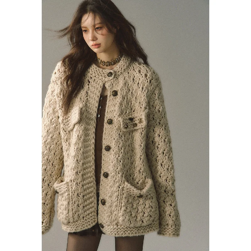 Metallic Knit Cardigan In Oatmeal Iron Safe Non-Iron Wrinkle Free