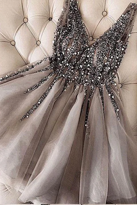 Off the Shoulder V Neck Beaded Grey Short Homecoming Dresses Prom Graduation Dress