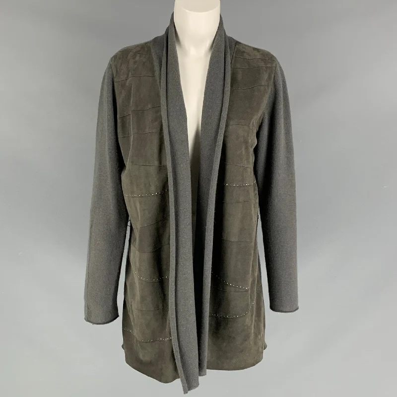 FABIANA FILIPPI Size M Olive Suede Studded Open Front Grey Cardigan Chenille Brocade Lace