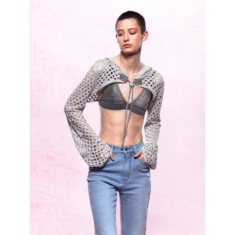 Grey Knit Short Cardigan Top Terry Terry Cloth Terry Knit