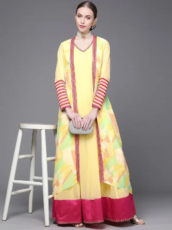 Yellow Georgette Embroidered Gown with Jacket Nylon Jacket Polyester Jacket Spandex Jacket