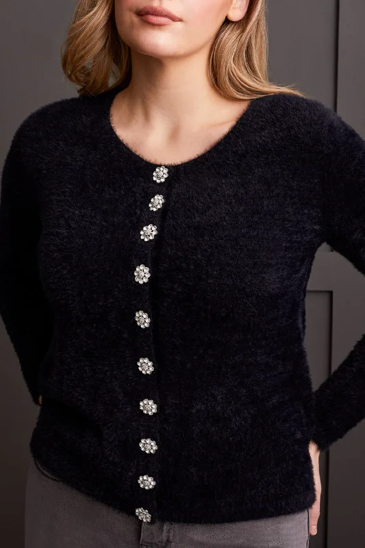 SWEATER CARDIGAN W/BUTTONS - BLACK Denim Fabric Leather Fabric Suede Fabric