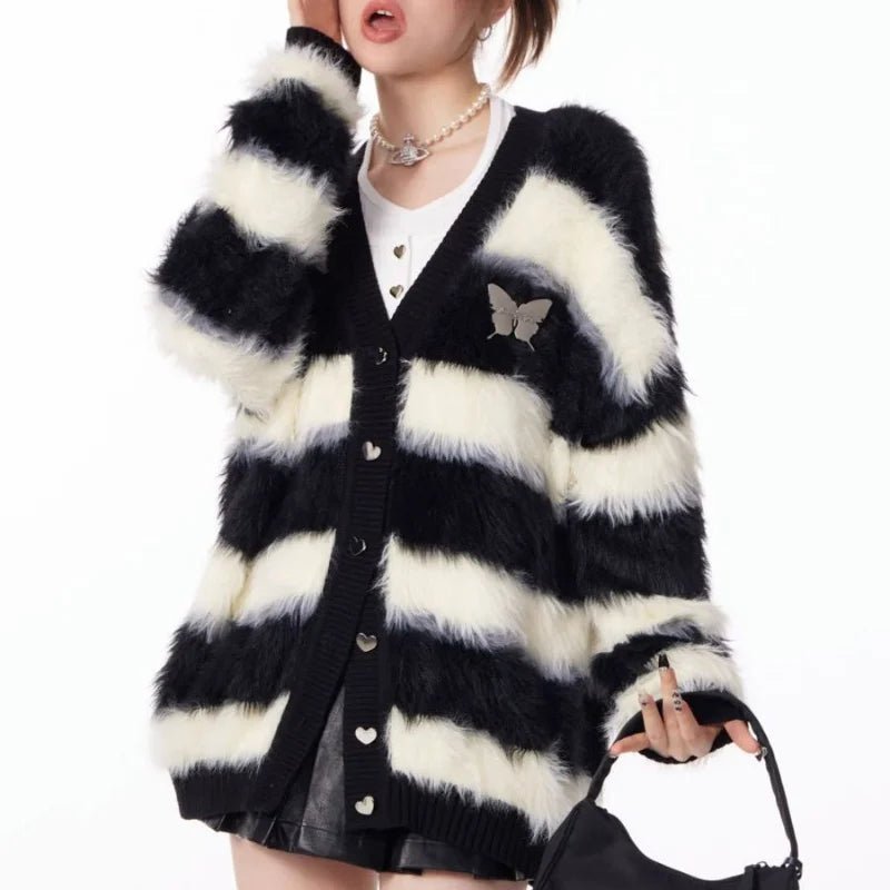 Fairycore Black and White Striped Cardigan Modern Contemporary chic