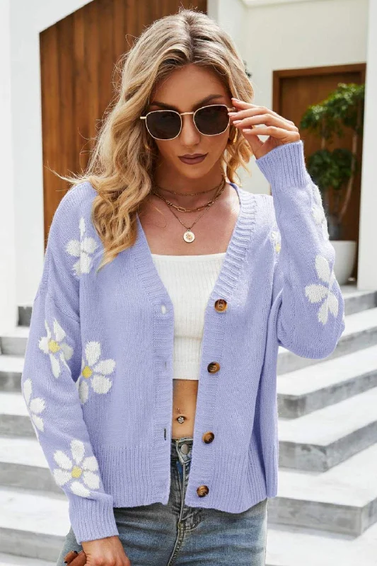 Floral Ribbed Trim Drop Shoulder Cardigan Layered Multi-layer Single Layer