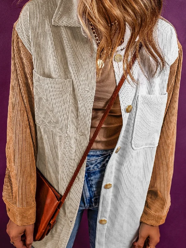 Autumnal Colorblock Corduroy Jacket Trench Coat Raincoat Waterproof Jacket