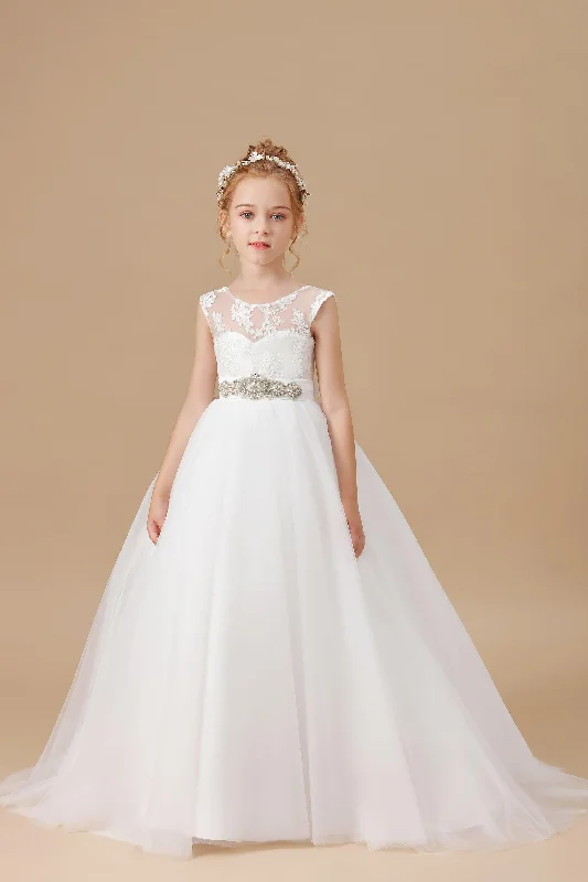 Ivory Tulle Long Bowknot Flower Girl Dresses With Rhinestones Sash