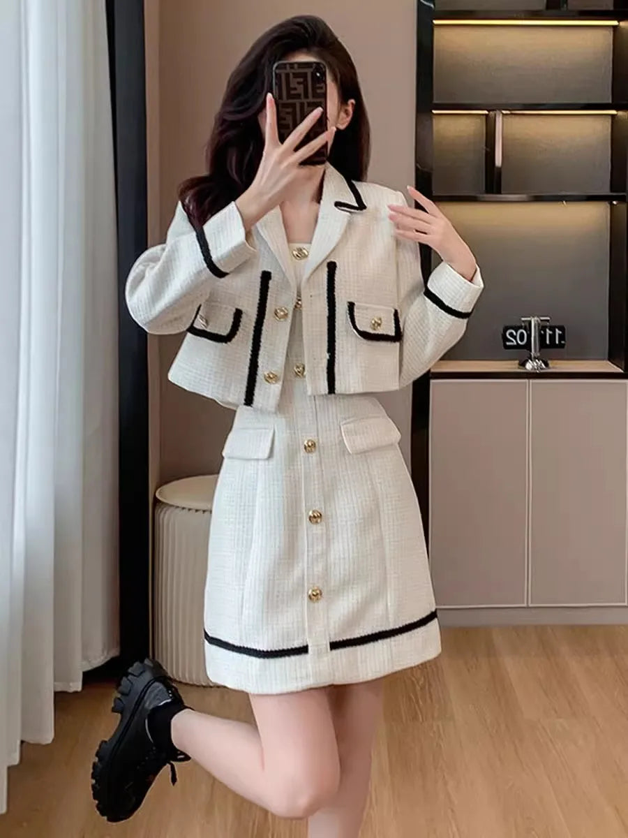 GETADME Women's Spaghetti Strap Dress Tweed Suit Short Woolen Jacket Coat Small Fragrance Sexy New Fashion Autumn High Quality 2 Pcs Set Denim Jacket Leather Jacket Suede Jacket