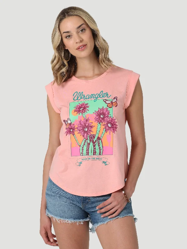 Wrangler Women's Flowering Cactus Cuffed Tank Top in Peach one shoulder tank