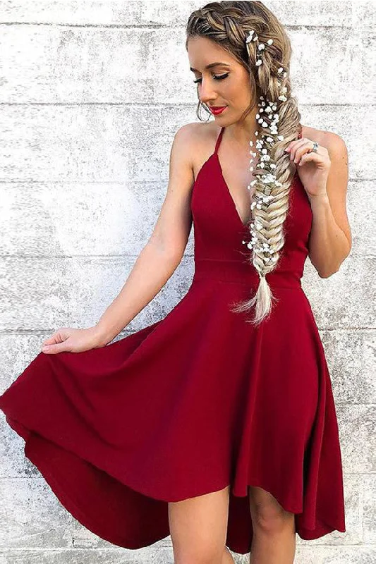 Elegant Burgundy Halter V Neck High Low Homecoming Dress Shot Prom Graduation Dresses