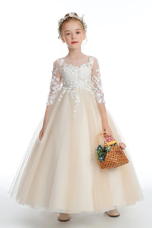 Floor Length Champagne Half Sleeves Tulle Flower Girl Dresses With Lace