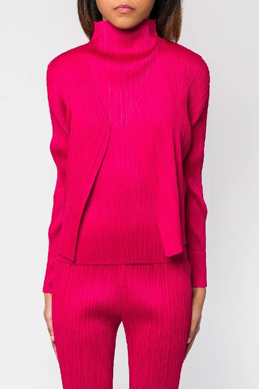 Pleats Please Issey Miyake New Colorful Basics Cardigan 4 in Carmine Silk Blend Satin Velvet Pleats Please Issey Miyake New Colorful Basics Cardigan 4 in Carmine Silk Blend Satin Velvet