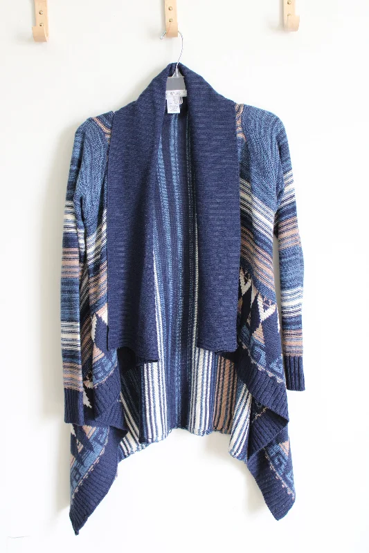 Say What? Blue Tan Striped Cardigan | S Fitted Loose Oversized