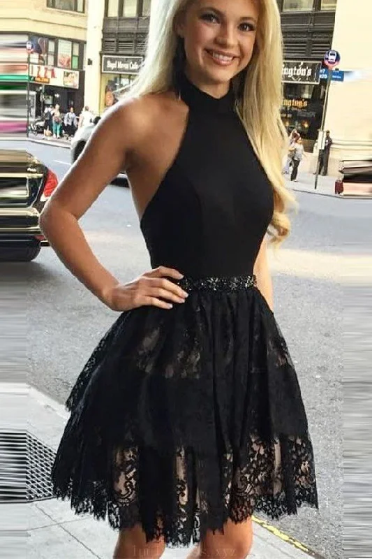 A Line Off the Shoulder Halter Black Lace Short Prom Homecoming Dresses
