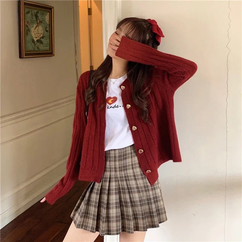 Korean Style Cute Heart Button Knitted Cardigan Lace Blend Ribbed Blend Corduroy Blend Korean Style Cute Heart Button Knitted Cardigan Lace Blend Ribbed Blend Corduroy Blend