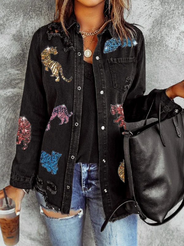 Black Denim Jacket with Multicolored Tiger Sequins Cardigan Sweater Pullover