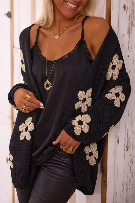 Blue Zone Planet | Black Floral Print Knitted Open Front Loose Cardigan Herringbone Houndstooth Plaid Blue Zone Planet | Black Floral Print Knitted Open Front Loose Cardigan Herringbone Houndstooth Plaid