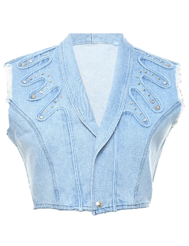 Studded Denim Jacket Vest - M Notch Collar Peter Pan Collar Cowl Neck