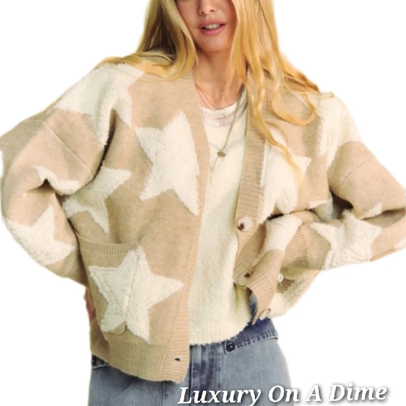 DAVI & DANI Teddy Fuzzy Sherpa Star Knit Cardigan Long Sleeve Oversized Button Sweater Striped Floral Plaid DAVI & DANI Teddy Fuzzy Sherpa Star Knit Cardigan Long Sleeve Oversized Button Sweater Striped Floral Plaid