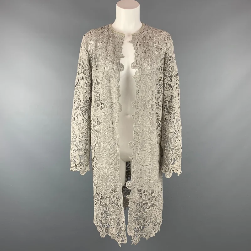 RALPH LAUREN Black Label Size 10 Light Gray Lace Textured Cotton Leather Trim Cardigan Embroidered Appliqued Beaded RALPH LAUREN Black Label Size 10 Light Gray Lace Textured Cotton Leather Trim Cardigan Embroidered Appliqued Beaded