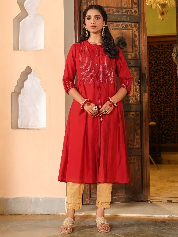Juniper  Maroon Stripped Print Chanderi Embroidered Jacket Style Kurta Dress With Sequins & Zari Work Herringbone Jacket Houndstooth Jacket Plaid Jacket