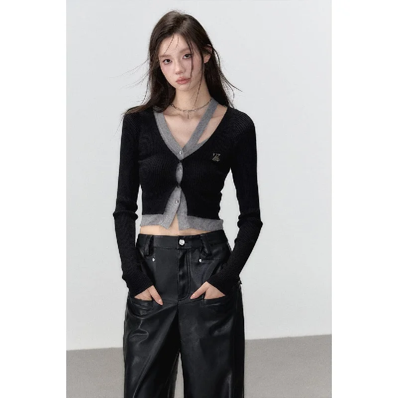 Black Hollow Out Knit Cardigan - 2-Piece Design Stretchy Elastic Breathable