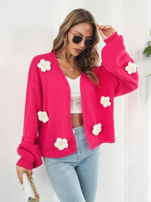 Floral Open Front Long Sleeve Cardigan Cable Knit Ribbed Knit Lace Knit