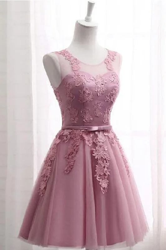 Blush Lace Appliques Open Back A Line Cheap Short Prom Cute Dress Homecoming Dresses