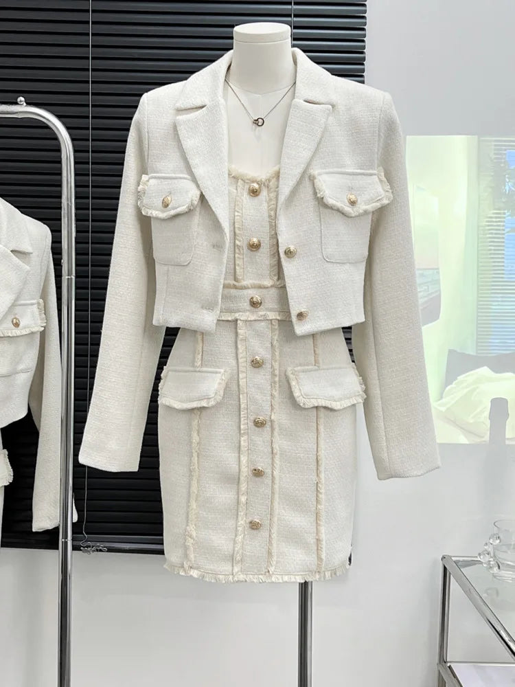 GETADME High Quality Small Fragrance Tweed Two Piece Woven Short Jacket Tops + Slim Fit Sling Dresses Women Sweet Short Dress Party Vest Faux Fur Jacket Real Fur Jacket Shearling Jacket