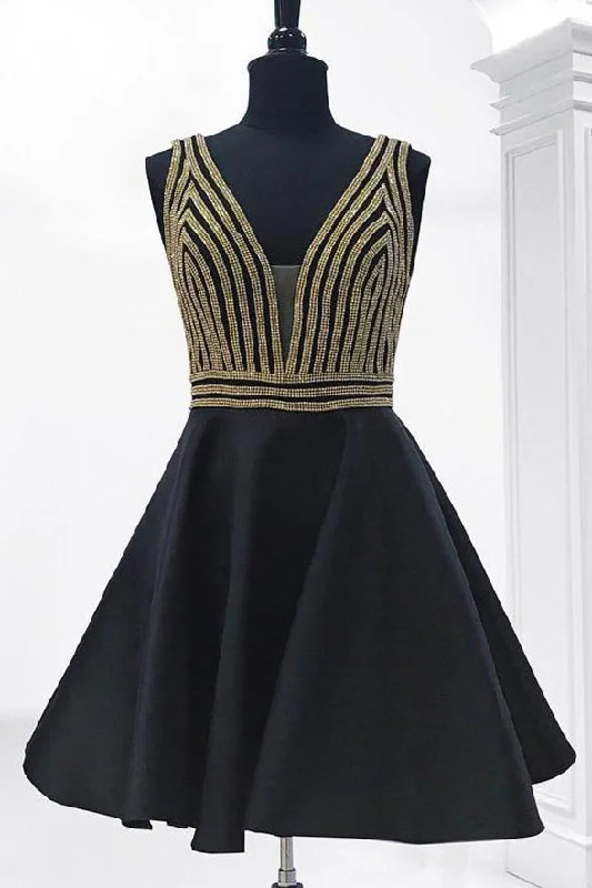 Fashion Gold Crystals Black Satin V Neck Short Prom Dress Homecoming Dresses For Party