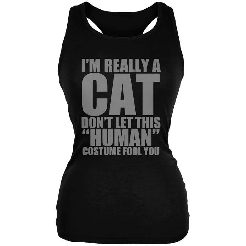 Halloween Human Cat Costume Black Juniors Soft Tank Top white tank top