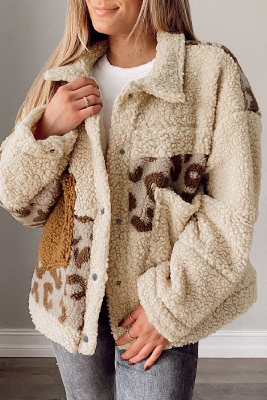 Beige Leopard Patchwork Snap Buttons Sherpa Jacket Faux Fur Jacket Real Fur Jacket Shearling Jacket